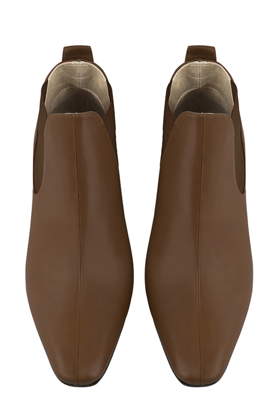 Caramel brown women's ankle boots, with elastics. Square toe. Medium block heels. Top view - Florence KOOIJMAN